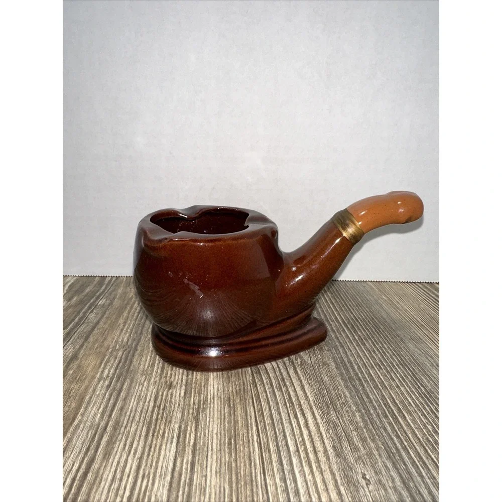 Pipe Shaped Ashtray 3 Slots Brown Tan Ceramic VTG